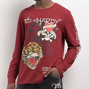 Ed Hardy Tiger Skull Wine Thermal Long Sleeve T-Shirt
